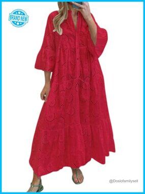 Lace Eyelet Embroidery Maxi Dress V-Neck Trumpet Sleeve Boho Flowy Swing Dress